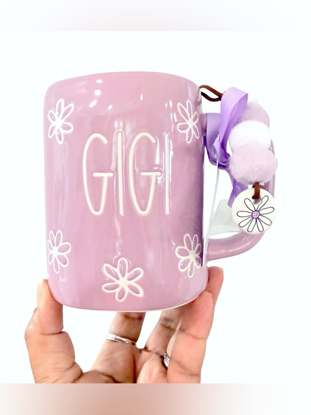 Rae Dunn GIGI GRANDMOTHER Lavender and White Floral Coffee Mug with bag charm